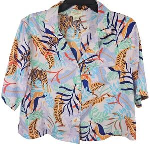Womens LG Sleepwear Button Up Botanical Funky Hawaii Island Resort Pattern Top